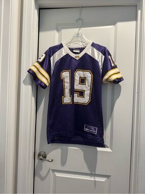 Colosseum Purple White & Yellow Kids Football Jersey #19 size medium 12-14